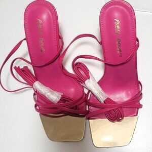 NWOT Public Desire Never Worn HOT Pink and Gold US Size 8 Tie up Heels